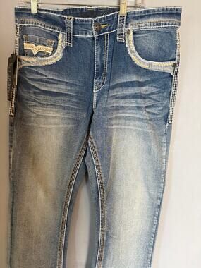 Lamasini Men’s Blue Straight Leg Jeans Heavy Stitch Embroidered Sz 36×30 NWT